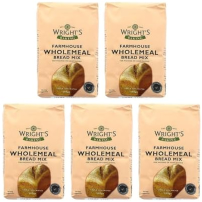 Wright’s Farmhouse Wholemeal Bread Mix 5X500g Bread Machines & Hand Baking – Makes Homemade Loaves, Rolls & Pizza Bases – Suitable for Vegetarians