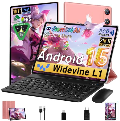 Android 15 Tablet 10 Pulgadas 30GB RAM+64GB ROM (2TB/TF), Gemini AI, Octa-Core 2.0Ghz, 1080*800 FHD IPS, Standby Extra Largo, 5G WiFi, Widevine L1, 5MP+13MP, Face ID, GMS, Tableta con teclado,Oro Rosa