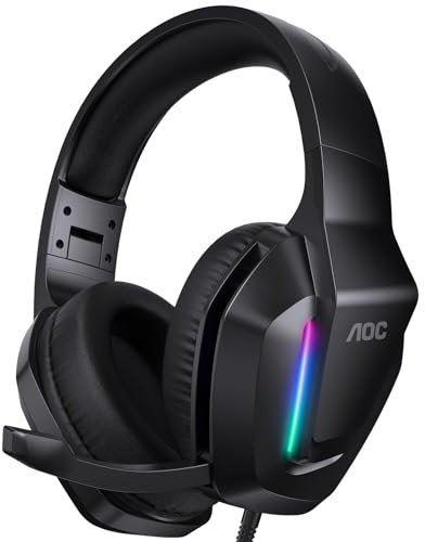 AOC Wired Gaming Headset, Surround Sound Headphones for Xbox Series X|S PS5 PC Switch, Noise Canceling Over-Ear Gaming Mic, RGB Lights, 50mm Drivers, 3.5mm Jack, Black