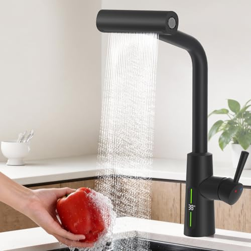 KAIYING Hochdruck Wasserhahn Küche Ausziehbar mit Temperaturanzeige | Batterielos Wasserfall Küchenarmatur Ausziehbar, 360° Schwenkbar Spültischarmatur Küche mit Vier Sprühmodi, Schwarz