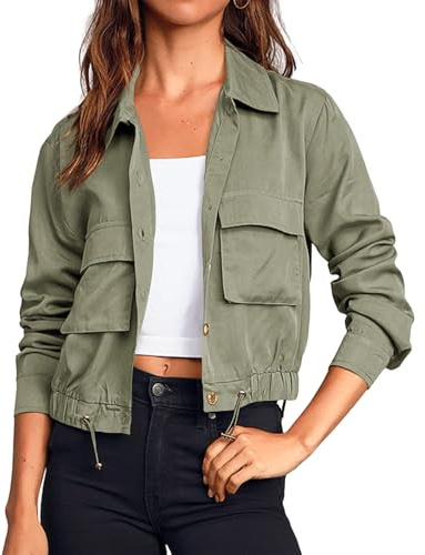 Cicy Bell Giacca da donna militare crop a maniche lunghe abbottonatura giacche button down leggero giubbotto con tasche, verde militare, XL