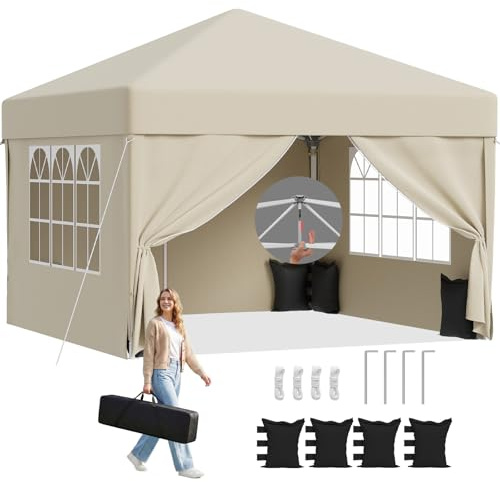 TRIUMPHKEY Pavillon 3x3m Wasserdicht Stabil Winterfest，Pop Up Faltpavillon mit 4 Seitenteilen und 4 Sandsäcke， Faltbar Partyzelt Gartenzelt Gartenpavillon für Camping Party，Garten，Beige