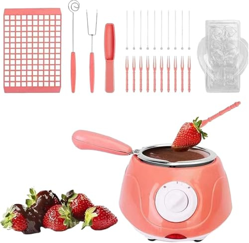 Chocolate Melting Pot, Electric Plastic Hot Chocolate Fondue Set, Dipping Pot with Chocolate Mold Trays & Dipping Forks, Chocolate Marshmallow Warming Fondue Set for Melting (Pink, (UK Standard))