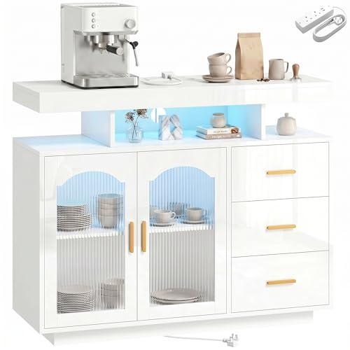 HOMCOM High Gloss Sideboard with LED Lights for 72-Inch TVs TV Unit White | Built-in Power Outlets, Modern Storage Cabinet, 3 Drawers, Shelves, 2 Acrylic Doors, Soft-Close, Living Room, Furniture