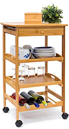 Relaxdays Carrito Auxiliar con Ruedas, 80,5x50x37cm, Verdulero, Carro Cocina, Cajón y 2 Estantes, Bambú, Marrón Natural