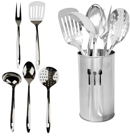 6pc Kitchen Utensil Set - Stainless Steel, Spoons Turners Spatula Ladle Fork, Kitchen Gadgets | Heat Resistant, Includes Cutlery Holder, Dishwasher Safe | Non Stick For Easy Cleaning, Ideal for Bbqs
