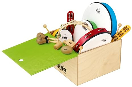 Nino Percussion Rhythm Set, Mehrfarbig (NINOSET012-WB) | Musikinstrument für Kinder ab 3 Jahren, 12-teilig, Inklusive Holzbox, ABS Kunststoff und Holz