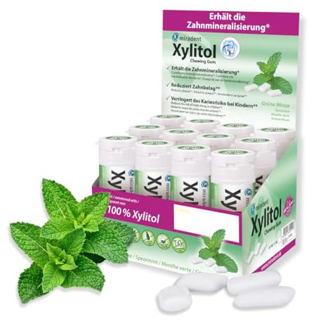 miradent Xylitol Zahnpflegekaugummi Spearmint Display 12 St. | erfrischender Geschmack | zuckerfrei | vegan | kariespräventiv | für unterwegs
