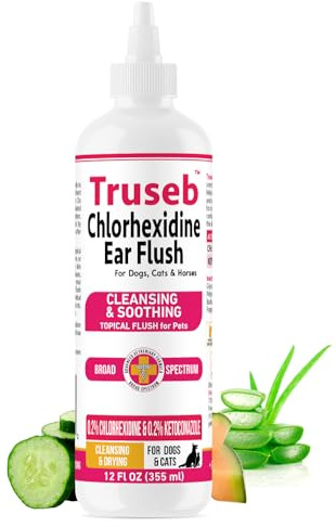 Truseb Advanced Topical Dog Ear Wash with Ketoconazole & Chlorhexidine Ear Flush Dog, Cats and Horses, with Aloe - 12 oz Made in U.S.A (Ketoconazole & Chlorhexidine Ear Flush, 12 oz)