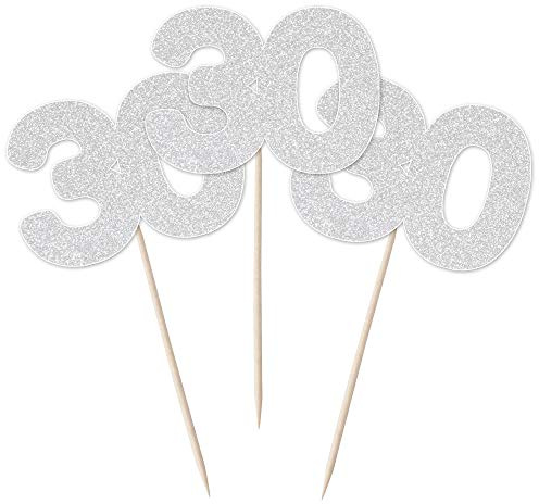 Number 30 Cupcake Toppers - 12pk Cake Decoration, Birthday, Anniversary, Pick, Pics, Thirty (Silver Glitter)