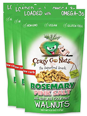 Crazy Go Nuts Walnuts Rosemary Pink Salt - Glazed Walnuts, Healthy Snacks, Vegan, Gluten Free, Superfood-Natural, Non-GMO, ALA, Omega 3 Fatty Acids, Good Fats, and Antioxidants - 4.5 Oz, 3-Pack