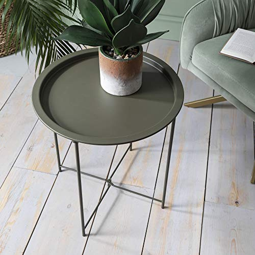 Noa & Nani Metal Small Side Table, Olive Green - Clean & Modern Garden Coffee Table w/Tray-Style Top & Ultra-Thin Legs - Slim Round Side Tables for Living Room, Patio, Balconies & Bedside Table