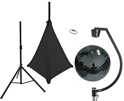 EUROLITE Set Spiegelkugel 50cm schwarz mit Stativ und Segel schwarz | Schwarze Spiegelkugel inkl. Stativhalterung mit Motor, Stativsegel und Boxenhochständer