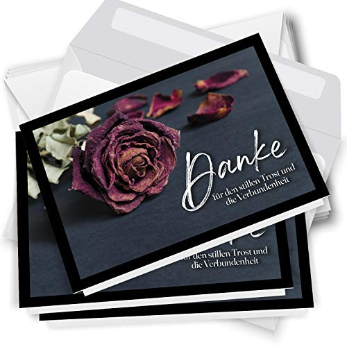 Danksagungskarten Trauer - 10 Klappkarten mit Umschlägen Rose Rot | Danke Trauerkarten Karten Danksagung mit Text - Dankeskarten nach Beerdigung