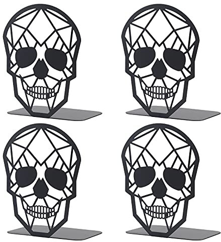 2 Pairs Black Skull Design Bookend Metal Book Ends, Heavy Duty Bookends for Shelves Desk, Skull Book Shelf Holder for Heavy Books, Decorative Desktop Organizer Home Office