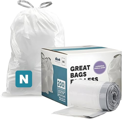 Plasticplace Bolsas de basura con cordón blanco con aroma a lavanda y vainilla suave, compatible con código N (200 unidades) 12-13 galones, 45-50 litros, 1.2 mil, 22.5 x 31.5 pulgadas