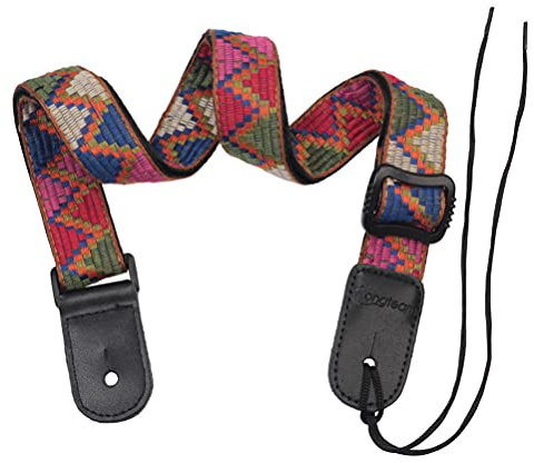 Adjustable Ukulele Strap - Vintage Ethnic Style Jacquard Nylon with Leather Ends - Comfortable Shoulder Strap for Kids and Adults - 27.5 to 47.2 Inches - Boho Design