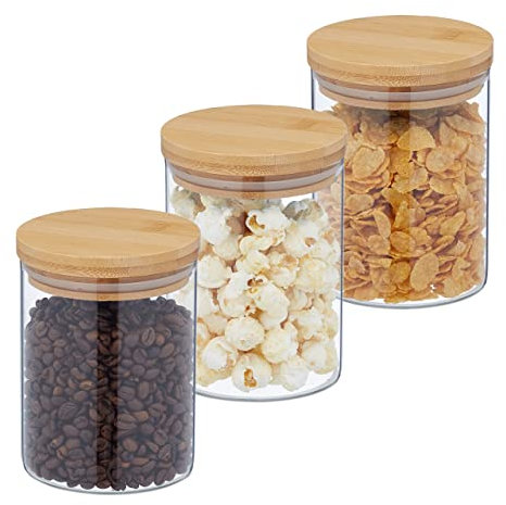 Relaxdays Lot de 3 bocaux en Verre, Couvercle Bambou, Bocal Conservation Rond, 650 ML, hermétique, Transparent/Naturel