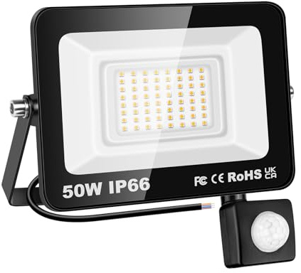 Willpower Foco LED Exterior 50W Proyector LED con Detector de Movimiento Impermeable IP66 Luces LED Exterior 3500K Bianco Caldo Luz de Inundación Seguridad para Garaje Patio Jardín Terraza Parque