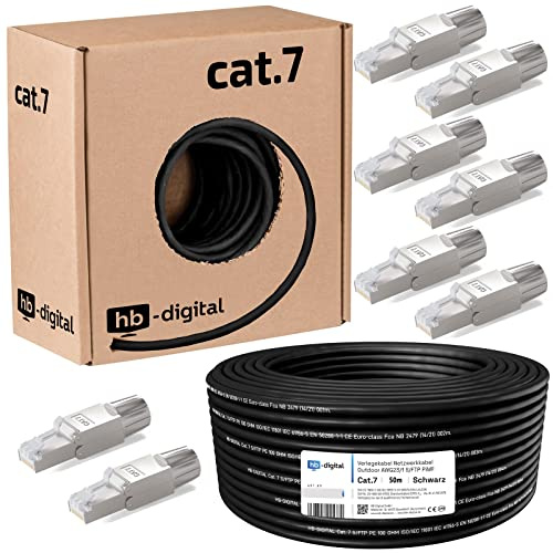 hb-digital 50m Cat 7 Verlegekabel Outdoor schwarz AWG23/1 PE S/FTP doppelt geschirmt PIMF Reines Kupfer 1000MHz 10Gbits Netzwerk Installation Ethernet für Außenbereich + 8X Cat.7 Netzwerkstecker