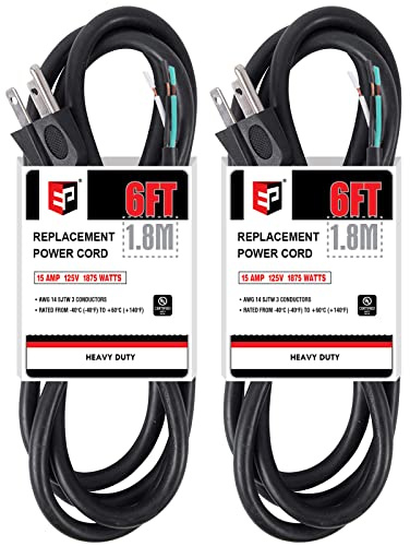 EP 2 Pack 6 ft 14/3C SJTW Appliance and Power Tool Cord, 14 Gauge 3 Prong Heavy Duty Replacement Power Supply Cord Cable, 110V 115V 120V AC Pigtail, 15A, 1875w