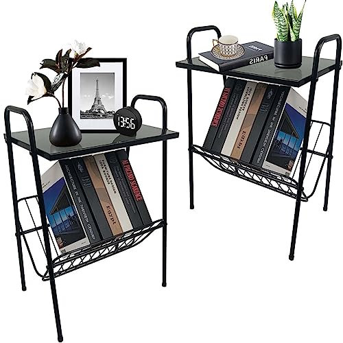 Jbikao Mesa auxiliar, soporte para tocadiscos con almacenamiento, mesa para revistas, mesita de noche, mesa auxiliar para sala de estar, metal, negro, 2 piezas