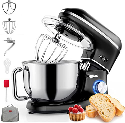 Fentic Robot Pâtissier – 2000W – Bol mélangeur en acier inoxydable (6,2L) – Avec fouet, Crochet pétrisseur et Batteur plat – Incl. et accessoires supplémentaires (Noir)