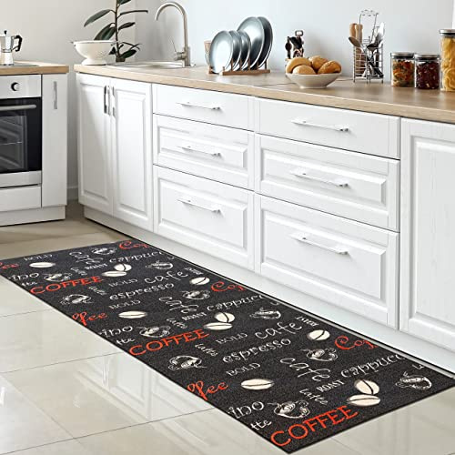 CARPETIA Küchenläufer Kaffee-Motiv Schwarz Rot Weiß rutschfest 80x300 cm | Rutschfest, pflegeleicht, schmutzabweisend und strapazierfähig, OEKO-TEX geprüft, für Fußbodenheizung, Küche & Flur