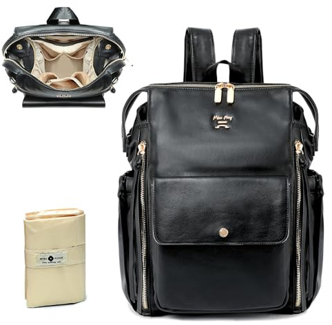 MISS FONG Wickelrucksack Groß Wickeltasche Leder Baby Taschen für Mama Mom Mummy Bag Windeltasch Rucksack Mit Wickelunterlage Unterwegs Kinderwagen Baby Born Lässig Schwarz