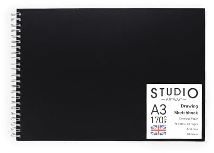 Artway Studio - Carnet de croquis A3 à reliure spirale - Paysage - 96 côtés/48 pages de papier cartouche 170gsm - Carnet de croquis cartonné noir
