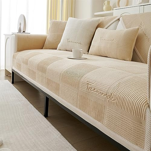 JUNLEBUYI Samt Sofabezug 4 3 2 1 Sitzer L/U Form/Ecksofa Sofa überwurfdecke Weich Couch überzug Bezüge rutschfest Möbelbezug Sofaschutz Decke Hund Kratzschutz Katze,1 STÜCK (90x160cm,Khaki)