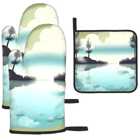 Tranquil Lakes - Set di 3 guanti e presine antiscottatura per cucinare e grigliare, regalo di Natale per la festa della mamma
