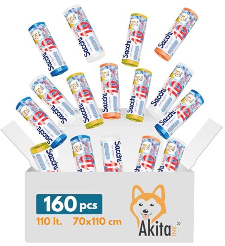 160 Sacchi spazzatura 70x110cm, 110 Litri, per Raccolta Differenziata AkitaINK - Sacchi Alta Resistenza - Blu, Giallo, Arancione, Trasparente