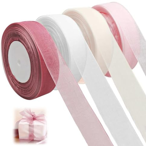 Ahaimy 4 Rollen Geschenkband Organza, Verpackungsband Stoffband, Satinband, Geschenkband Set, 2.5cm X 45m, Ribbon, Bänder Zum Basteln, Für Dekoration Von Hochzeiten, Geschenken(4 Farben)