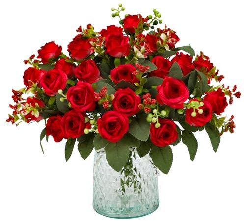 JUSTOYOU 4PS Artificial Rose Flowers,Red Silk Rose Bouquets with 28 Rose Head,Fake Flower Realistic Rose for Wedding Home Garden Party Office Decor(Red)