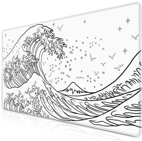 Abetcabe Gaming Mauspad XXL, Mousepad Weiß 900 x 400mm, Japanische Meereswelle Mauspad groß Vernähte Kanten WassXerdicht Anti-Rutsch für PC, Laptop Verbessert Präzision und Geschwindigkei