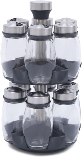 12 Glass Spice Carousel *120ml Jars + Revolving Stand Rack Stainless Steel Holder Glass Spice Herb Jar Rotating Spice Rack/Spice Oragniser/Spice Storage, Stainless Steel, Spice Jars with Labels, Incl