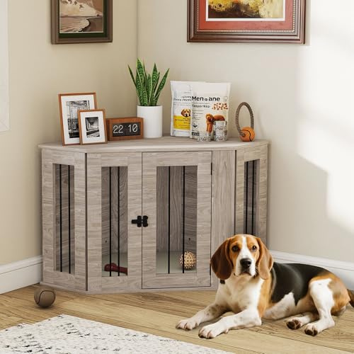 PawHut Dog Crate Furniture for Medium Dogs w/Cushion, Door - Walnut Brown | Side Table Dog Kennel with Cushion, Large Door