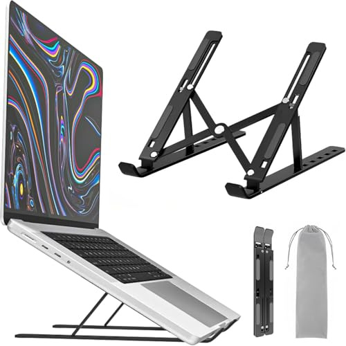 ELLENNE - SOPORTE PARA PC PORTÁTIL, BASE MESA EN ALEACIÓN DE ALUMINIO - 7 POSICIONES - VENTILACIÓN Y REFRIGERACIÓN LAPTOP TABLET - NEGRO