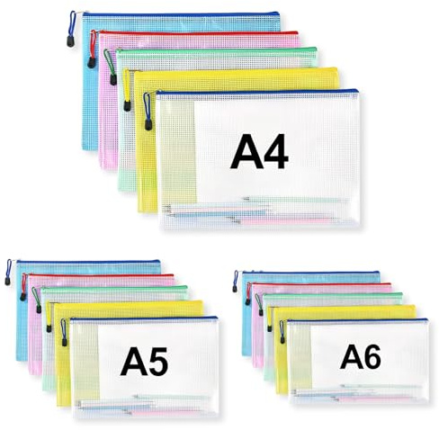 Logei Dokumententasche mit Reißverschluss A4+A5+A6, 15 Stück Reißverschlusstasche Datei Taschen Wasserdichte Document Case, 5 Farben Zip Beutel Tasche Mesh Beutel für Datei Papier Dokumente, Kosmetika