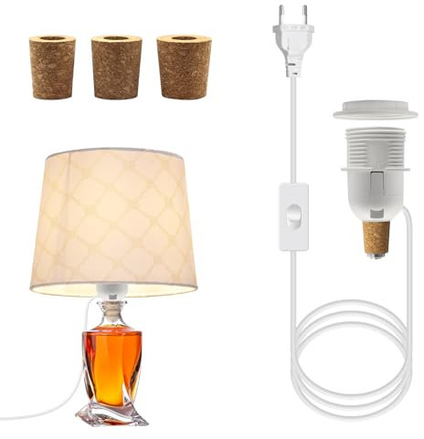 Adaptateur de Lampe E27, Douille E27 avec Cable et Interrupteur 240 cm, Kit Lampe de Bouteille, Support Lampe Bouteille, DIY Lampe de Bouteille, 3 Tailles de Bouchons, pas D'ampoule, Abat-jour