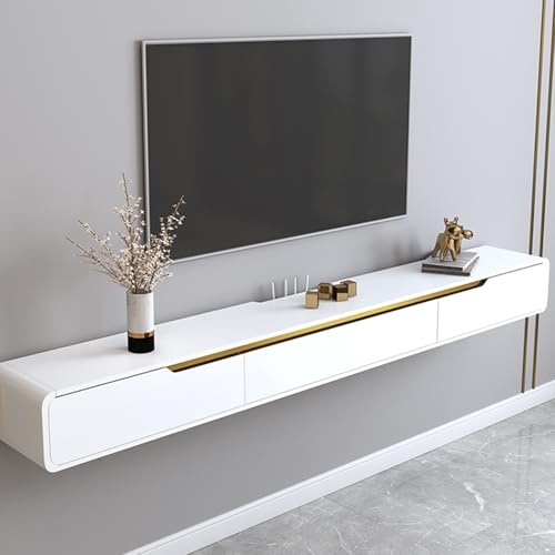 Ahtadums Massivholz TV Lowboard Hängend, TV Schrank hängend mit 2 Schubladen TV Board hängend Hängeschrank Wandregal komplett montiert (Weiss, 180cm)