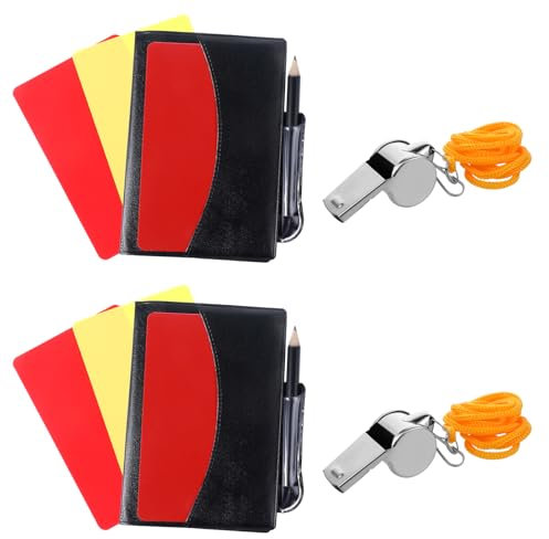 Tucnoeu Soccer Referee Kit Include Red Yellow Soccer Referee Cards Black Pocketbook and Metal Referee Whistles with Lanyard for Sports,Soccer,Basketball （2Set）