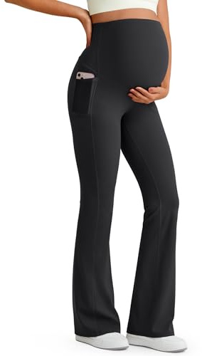 G4Free BareFeel Maternity Trousers Over Bump Flared Leggings Women Stretchy Pregnancy Yoga Pants with Pockets Joggers for Women UK Casual Work(Black,S,33)