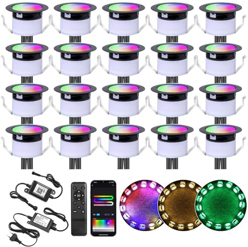 WIFI RGBW+IC Terrassen Bodeneinbaustrahler Aussen Led, Ø31mm 12V Terrassen Einbaustrahler Led Mini Spots Terrassenbeleuchtung, IP67 Wasserdicht, APP Steuerbar, Kompatibel mit Alexa Google Home (20er)