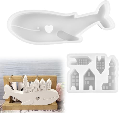 5 stampi in silicone per colata case e 1 stampo in silicone a forma di balena 3D con cuore in silicone, per lavori fai da te, candele, decorazioni per saponi e cioccolato