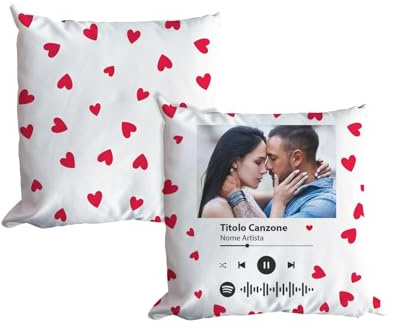 Teetaly Cuscino Spotify Personalizzabile 40x40 cm – Aggiungi la tua canzone preferita e una foto unica (Cuori)