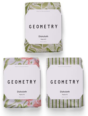 GEOMETRY Kitchen Dish Cloths - Spring & Summer Collection - Premium Dishcloths with Geoweave - Absorbent & Fast Drying Kitchen Towels - Green Goddess, 10 x 10 - 3-Pieces