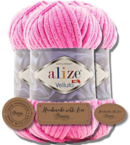 Hobby YARN 3x Etikettenlabel mit Alize Velluto Wolle Premium 3x100g als Set, Chenille Dicke Wolle zum Häkeln Uni Farbe Bulky Amigurumi Baby Kuschelwolle Filzwolle (Cotton Candy - 121)