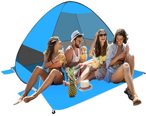 Pop Up Strandzelt, für 3–4 Personen, UPF 50 + UV Schutz Strandmuschel, Automatisches Tragbarer Strandzelt Wurfzelt, Windschutz Strand Familienzelt für Strand, Camping, Angeln (Blau)
